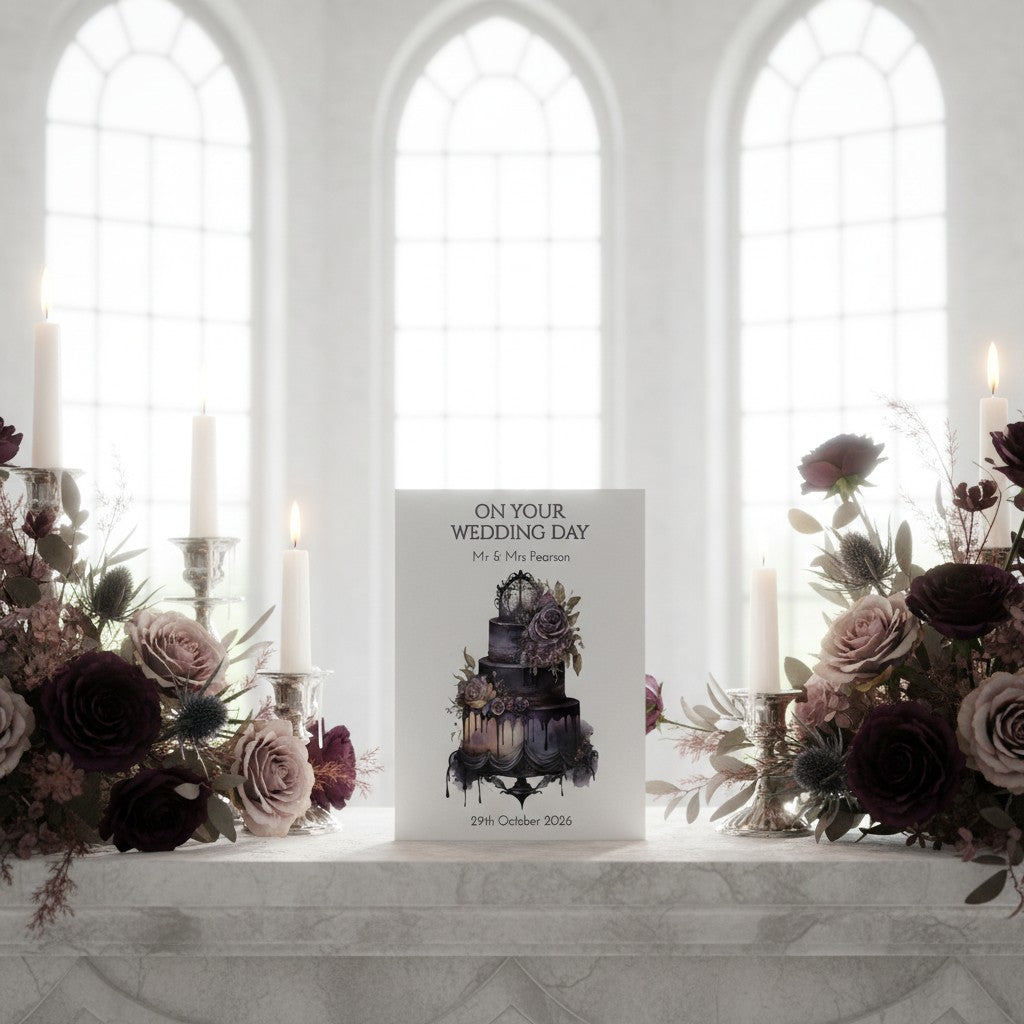 Decorative card for 'On Your Wedding Day' with floral arrangements and candles in a church setting.
