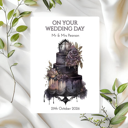 Wedding card with a black wedding cake illustration on a white background with green leaves.