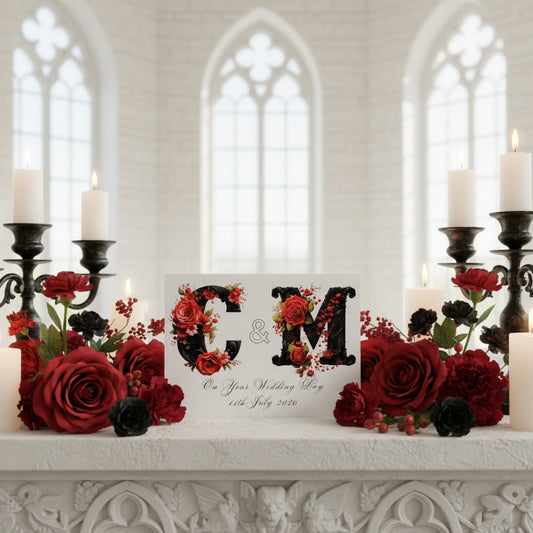 Decorative table setting with red roses, candles, and a personalised gothic wedding card in a church setting.