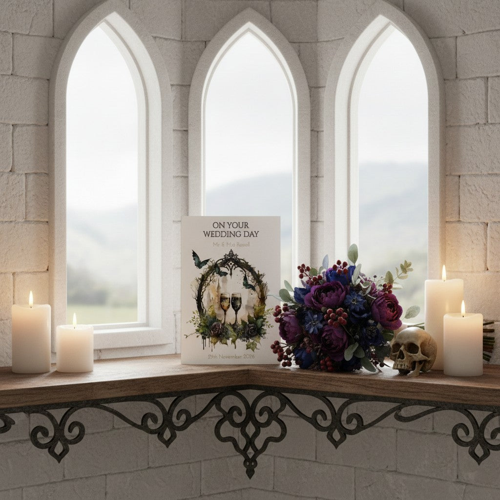 Decorative shelf with candles, flowers, and a wedding card in front of arched windows.
