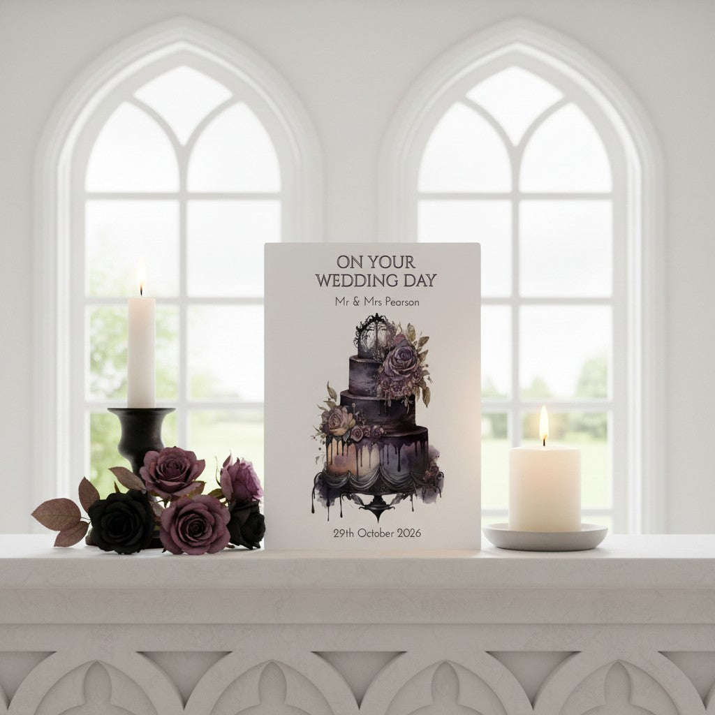 Wedding card with gothic cake illustration and candles on a decorative surface