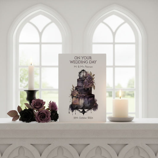Wedding card with gothic cake illustration and candles on a decorative surface