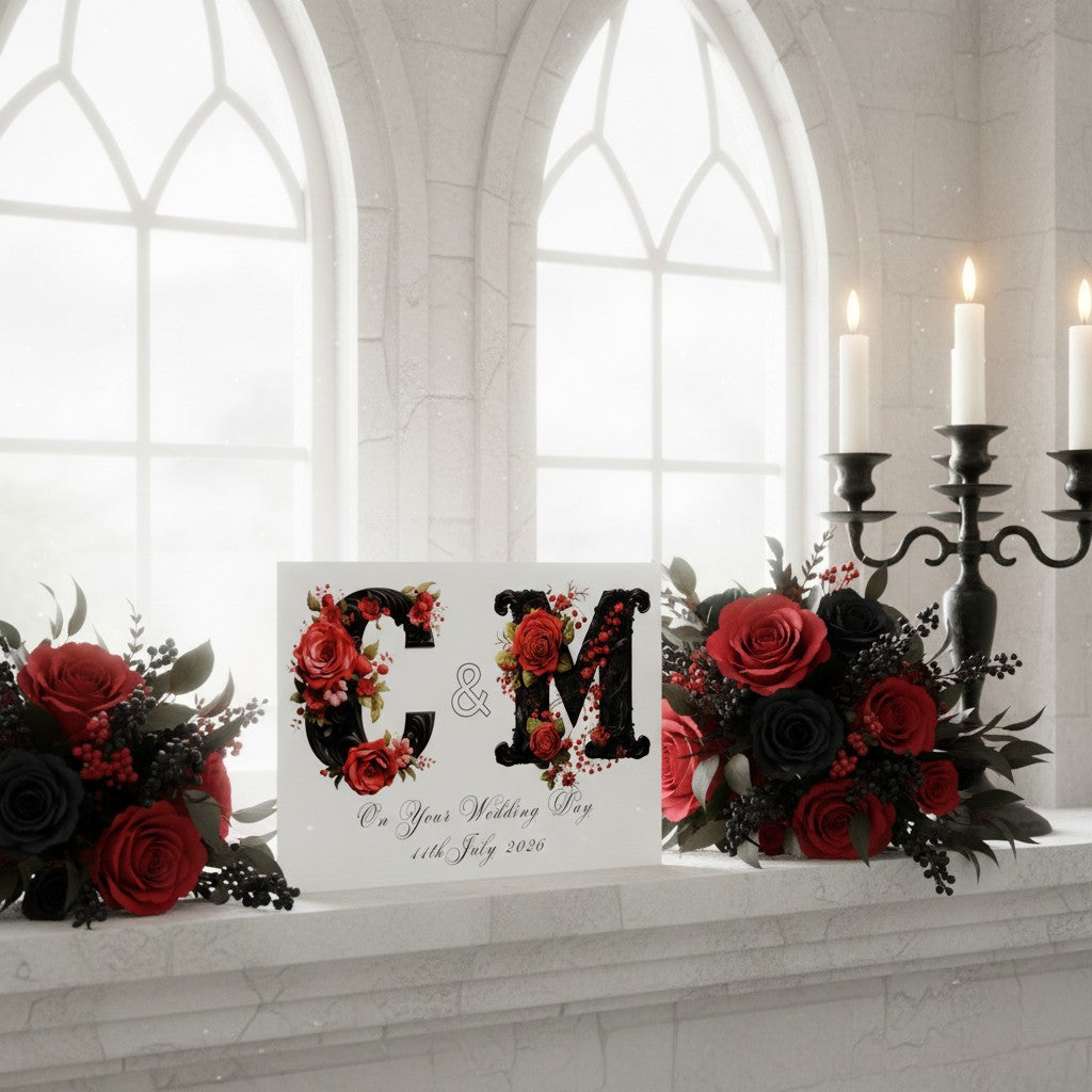 Decorative wedding card with floral designs and 'C & M' initials in a church setting.