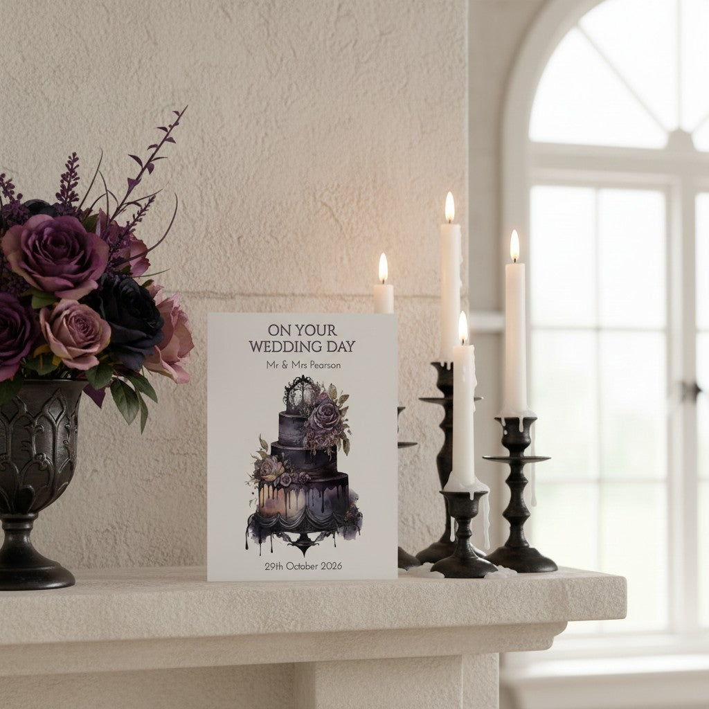 Wedding card with cake illustration on a mantelpiece with candles and flowers.
