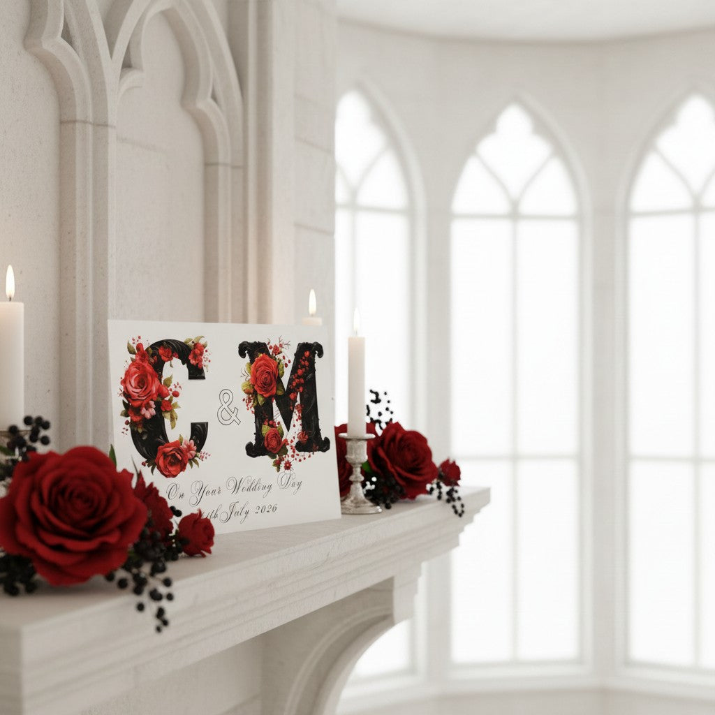 Decorative gothic style wedding card with floral and letter design on a mantelpiece with candles and red roses.