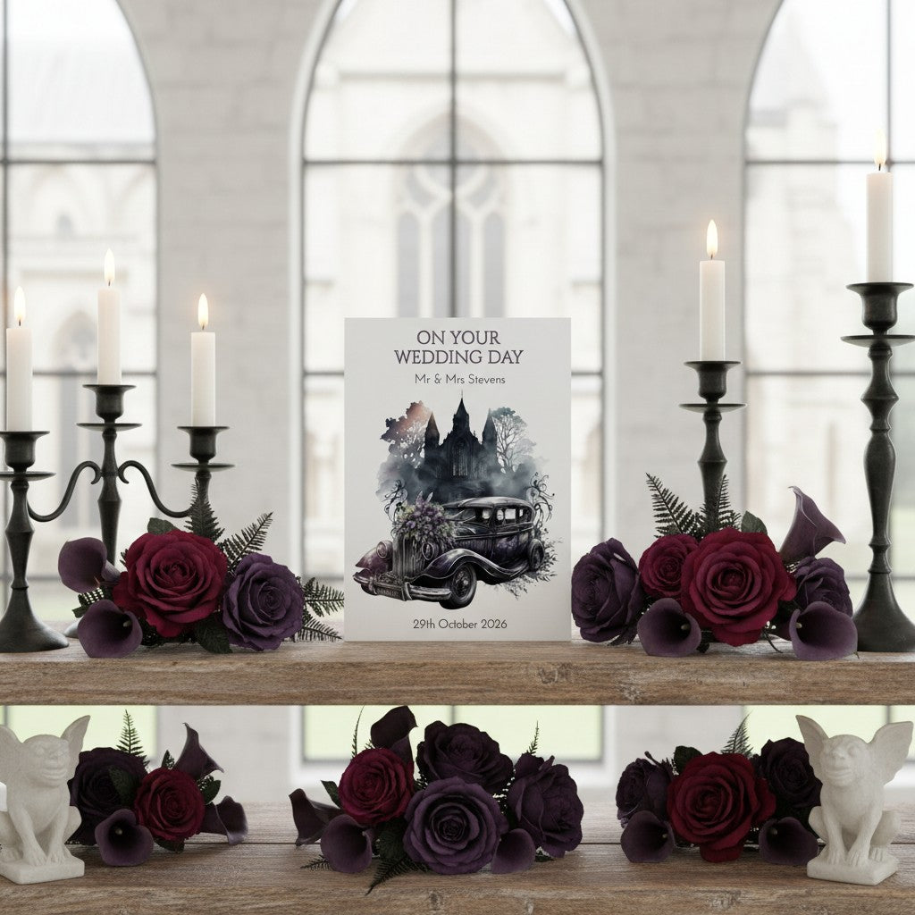 Decorative setup with candles, flowers, and a wedding card in a room with large windows.