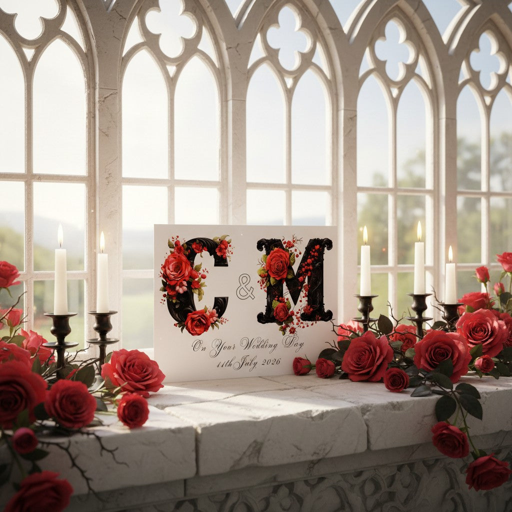Decorative setup with red roses, candles, and a personalised gothic card in a gothic-style room.