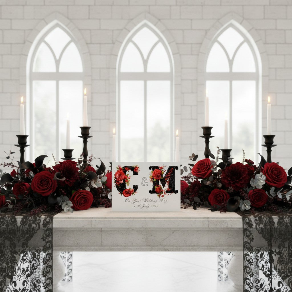 Decorative table setting with red roses, black candles, and a 'C & M' wedding card in front of gothic-style windows.