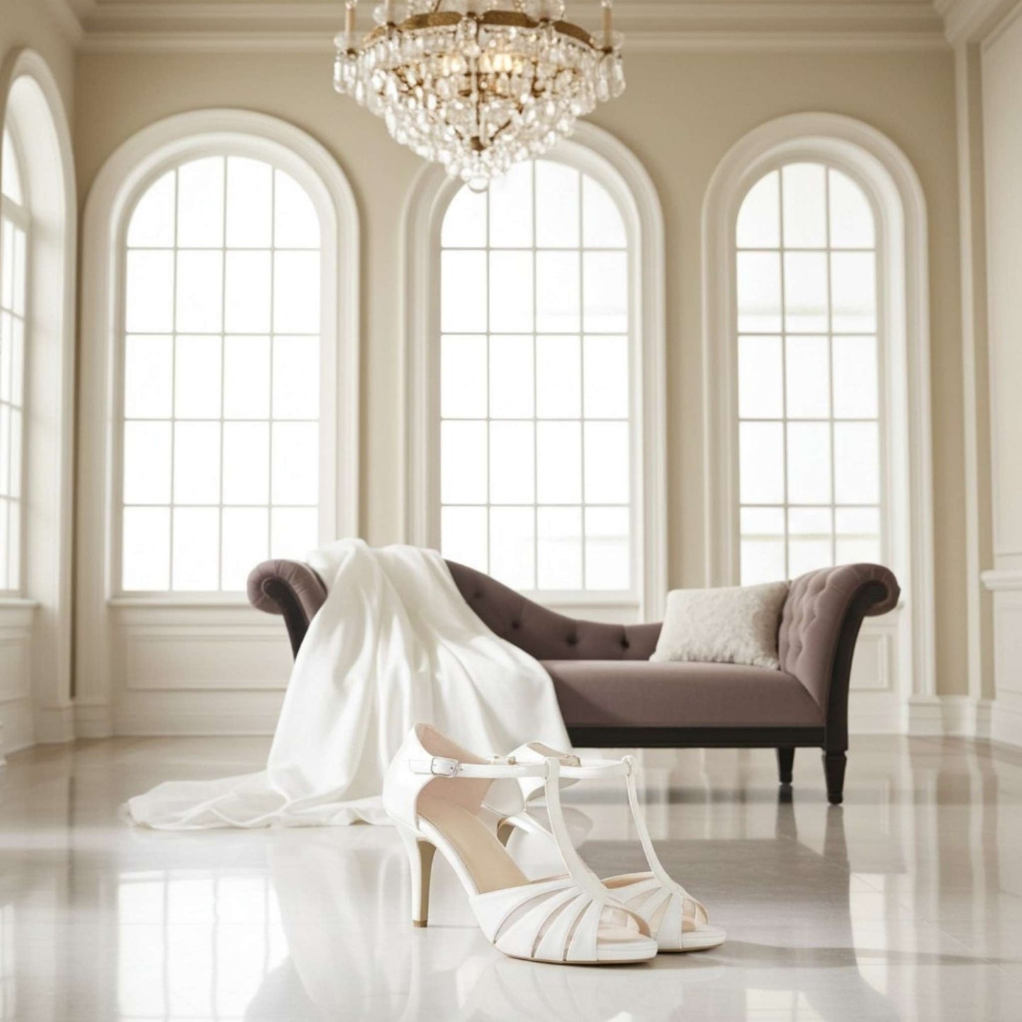 Luxurious living room with a chandelier, sofa, and white high-heeled bridal shoes.