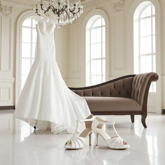 White wedding dress and t bar wedding shoes on a white floor with a brown sofa and chandelier in the background.