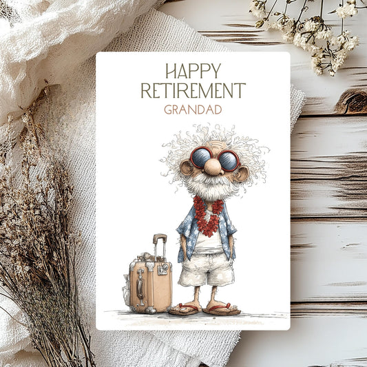Happy Retirement card with an illustration of a grandfather and suitcase on a textured surface.