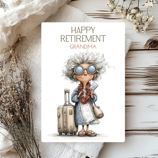 Illustration of a cartoon grandma with a suitcase and a 'Happy Retirement Grandma' card.
