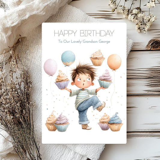 Birthday card with a child surrounded by cupcakes and balloons on a textured surface.