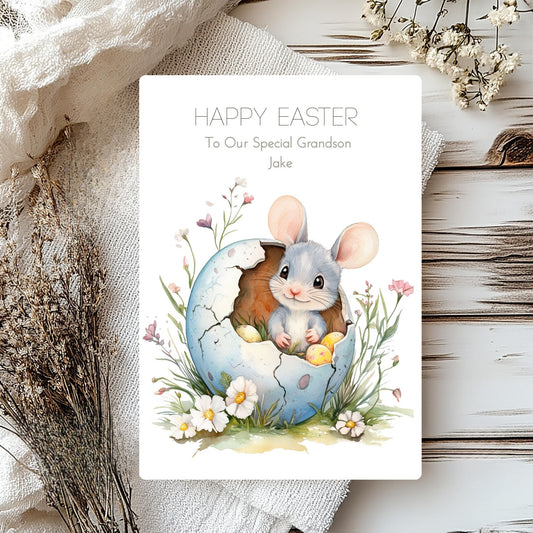 Personalised Easter Card for Grandson – Cute Mouse Illustration