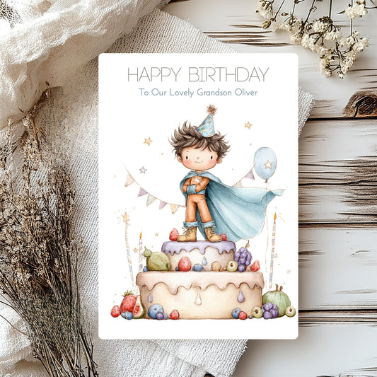 Personalised birthday card with a child on a cake, surrounded by decorative elements.