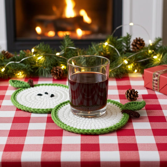 Two crocheted themed coasters shaped like green apple slices with white centres and black embroidered seeds, displayed on a red and white checkered tablecloth in front of a cosy fireplace with pine garlands and warm string lights
