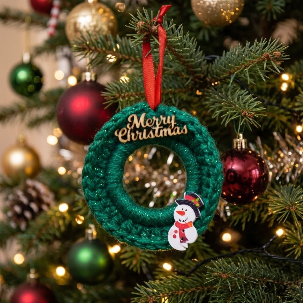 A green crocheted Christmas wreath ornament hanging on a decorated Christmas tree. The wreath has 'Merry Christmas' written in gold lettering and features a small snowman charm at the bottom, suspended by a red ribbon.