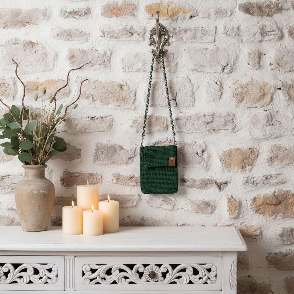 Green woven bag hanging on a stone wall with candles and a vase on a table.