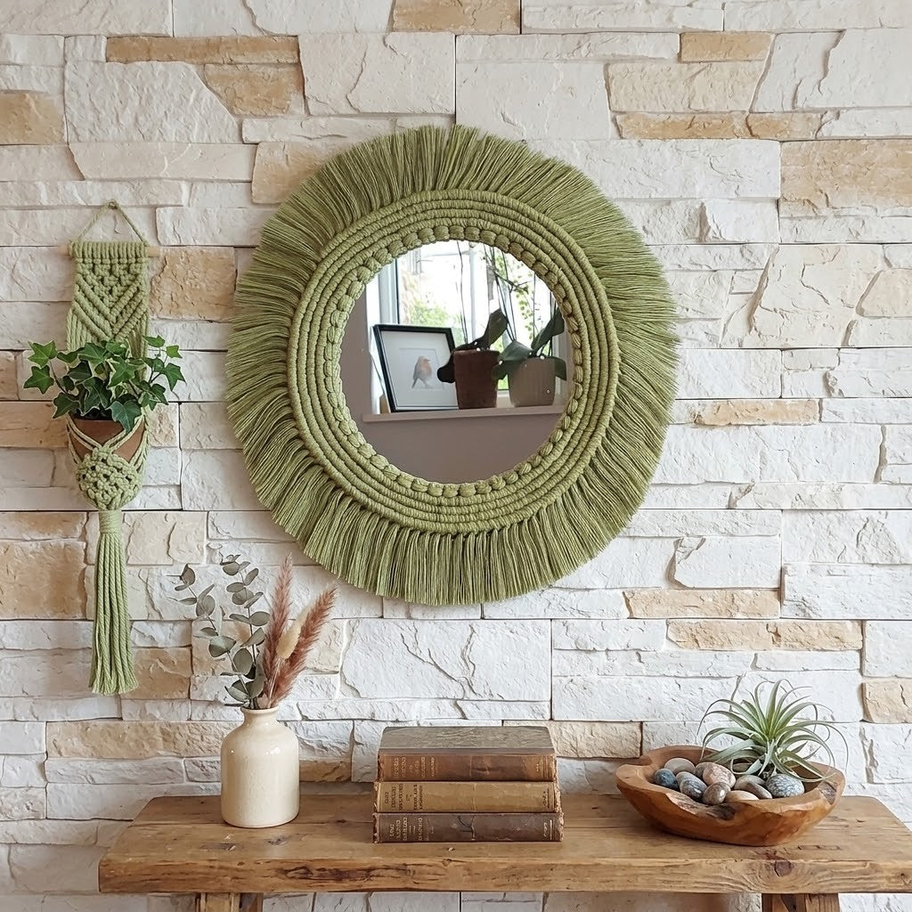 Round macrame wall mirror with a thick, fringed bohemian green rope border, hanging on a light beige stone brick wall above a rustic wooden console table decorated with books, a vase, and plants.