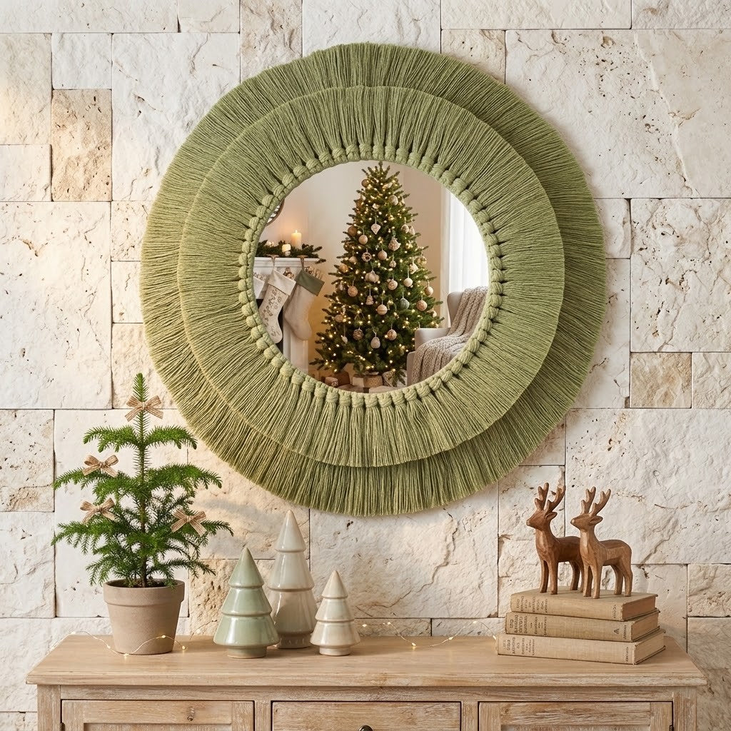 An olive green round macrame wall mirror with a textured, fringed outer border hangs on a light beige stone tile wall above a wooden console table. The mirror reflects a decorated Christmas tree, and the table below holds a potted miniature Christmas tree, small decorative trees, and a stack of books with deer figurines.