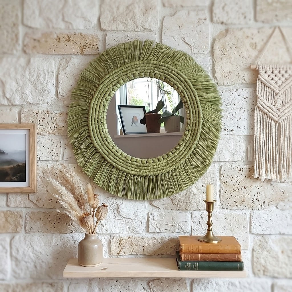 Round bohemian-style wall mirror with a textured sage green macrame fringe border, mounted on a light stone brick wall above a wooden shelf styled with books, a candlestick, and a vase.