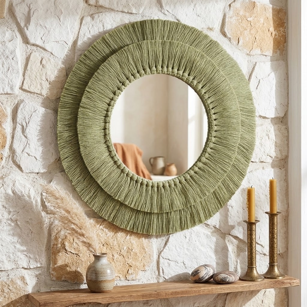 Round wall macrame mirror with a textured, layered sage green fringe border, mounted on a rustic white stone wall above a wooden shelf with candles and decorative items.