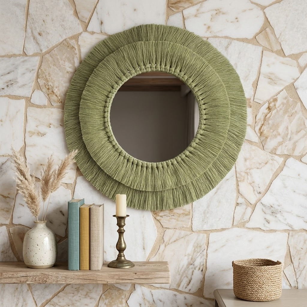 A round green macrame wall mirror with a textured olive green braided or pleated frame, mounted on a light beige stone wall above a wooden shelf with decorative books, a candle holder, and a vase.