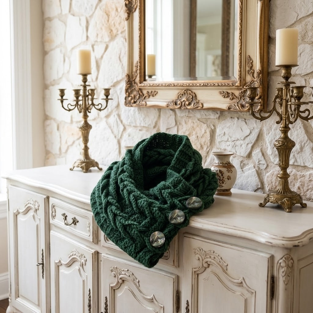 A dark green chunky knit cowl scarf with three silver buttons, draped over a distressed white wooden console table in a rustic, vintage-style room.