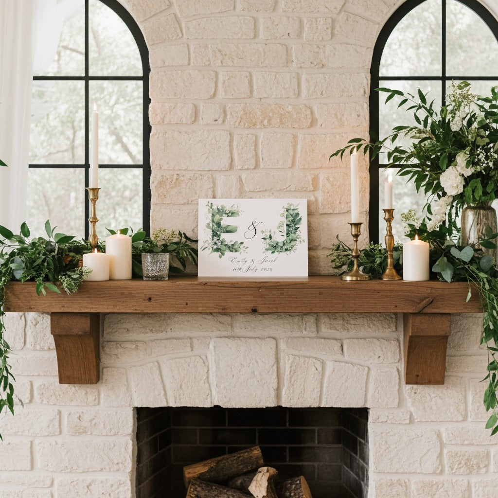 Decorative fireplace mantel with candles, greenery, and a personalised wedding card against a stone wall.