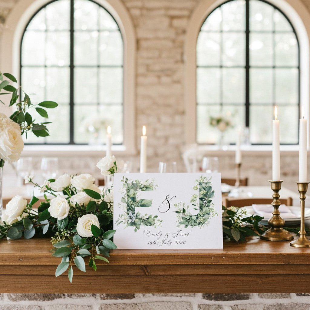 Decorative table setting with floral arrangements and a wedding card in a room with large windows.