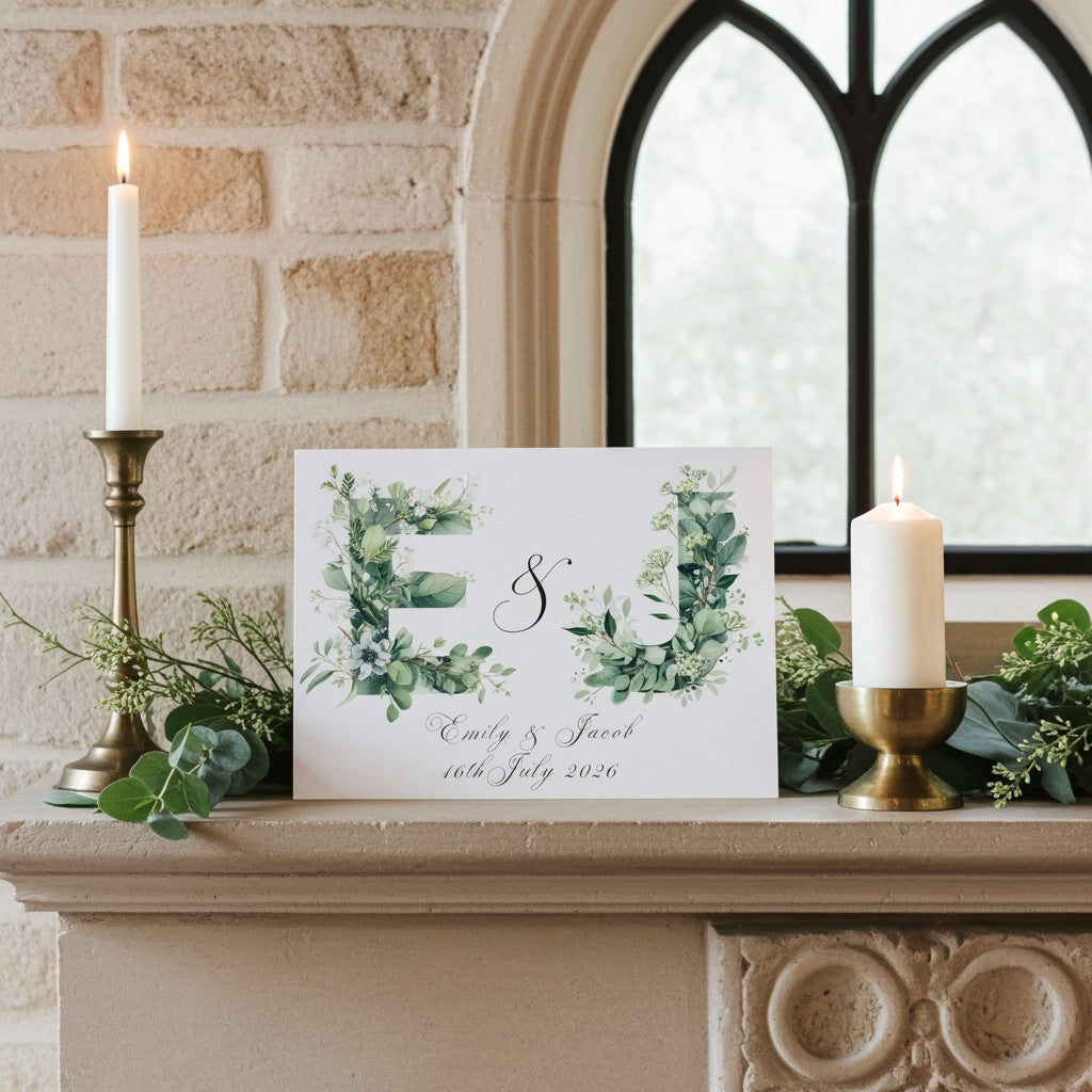 Wedding card with greenery design on a fireplace mantle with candles and eucalyptus.