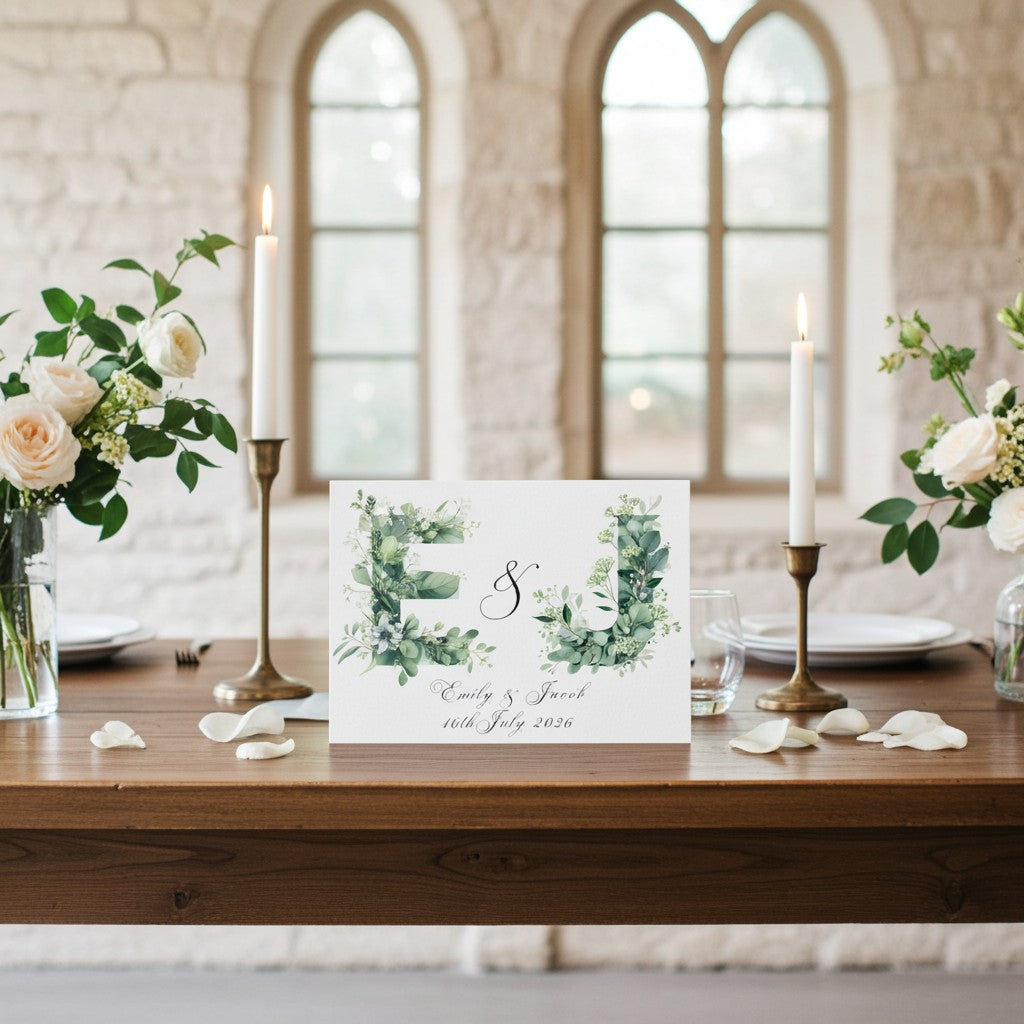 Wedding table setting with floral centrepiece and monogrammed wedding card in a church.