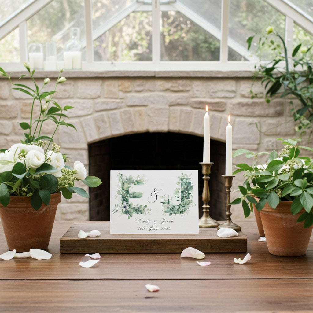 Decorative setup with candles, a wedding card, and flowers in a greenhouse setting