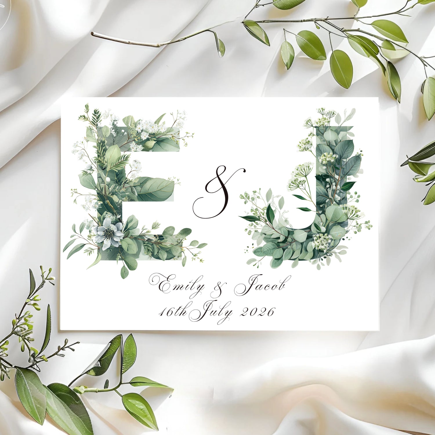 Wedding card with floral monogram 'ES' and names on a white background with green leaves.