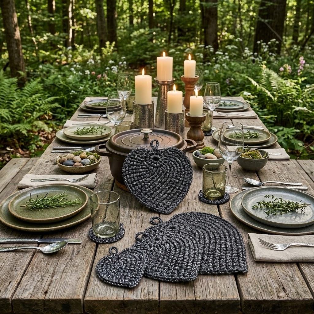 A rustic outdoor dining table set in a lush green forest, featuring a collection of dark grey hand-crocheted table linens including placemats, coasters, and a lid cover. The table is styled with layered ceramic plates, green bowls, wine glasses, and lit candles.