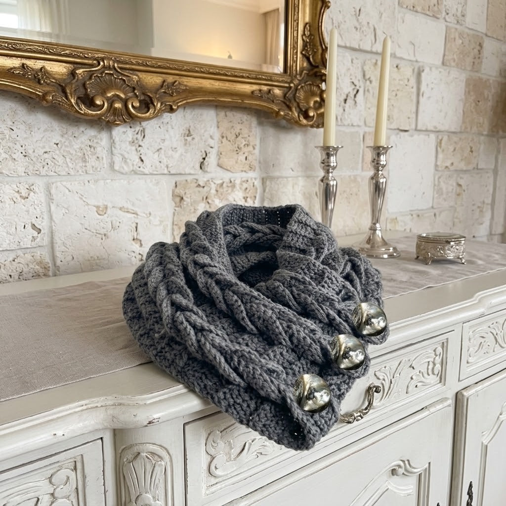 A chunky dark grey cable-knit cowl scarf with three large metallic silver buttons, draped over a white carved wooden cabinet in a styled interior setting.