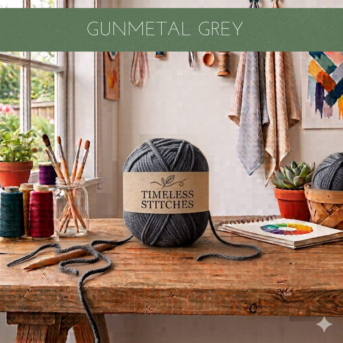 A ball of gunmetal grey yarn sits on a rustic wooden table in a cosy craft room setting, with a paper label reading 'TIMELESS STITCHES' and a green banner at the top reading 'GUNMETAL GREY'.