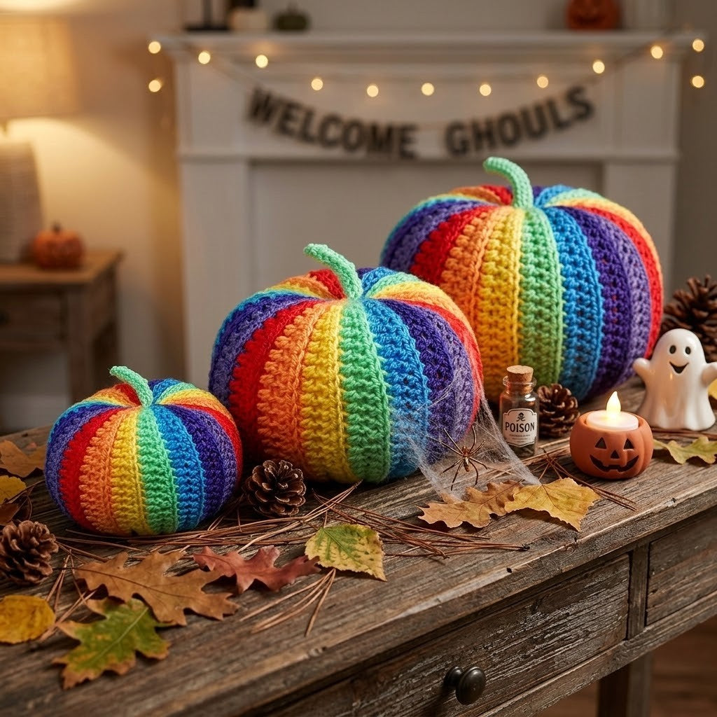Three hand-crocheted rainbow pumpkins arranged on a rustic wooden table with autumn leaves, pinecones, a small lit jack-o'-lantern, a ghost decoration, and a fireplace in the background with a 'Welcome Ghouls' banner.