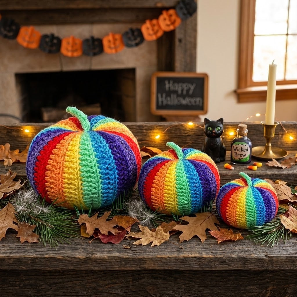 Three hand-crocheted rainbow pumpkins in different sizes arranged on a rustic wooden mantel decorated for Halloween, with a fireplace, 'Happy Halloween' sign, and candles in the background.