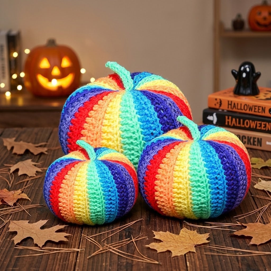 Three hand-crocheted rainbow pumpkins arranged on a wooden table with autumn leaves, surrounded by Halloween decorations including a lit jack-o'-lantern and books.