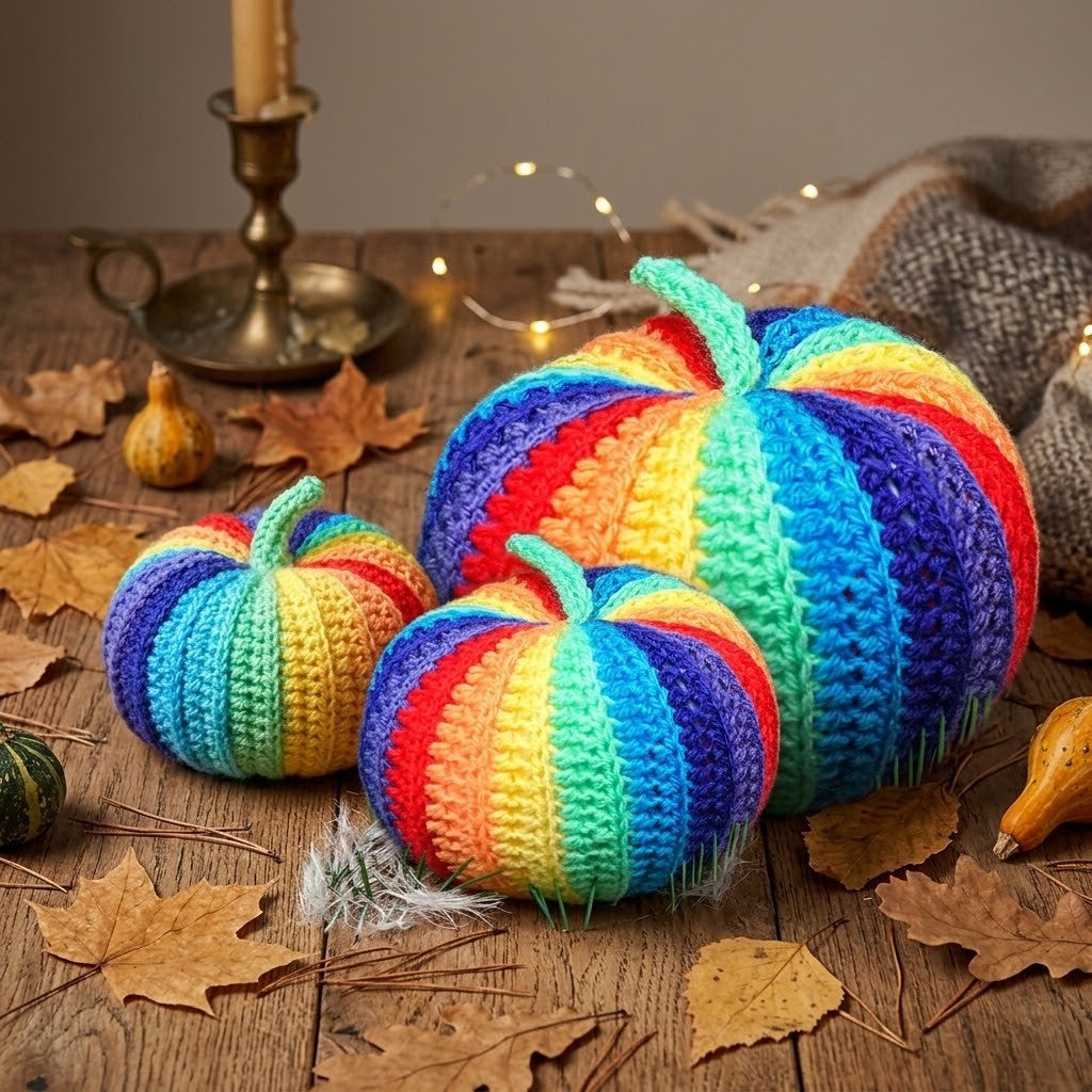Three hand-crocheted pumpkins in vibrant rainbow stripes of red, orange, yellow, green, blue, and purple, arranged on a rustic wooden table with autumn leaves, a candle, and a burlap sack.