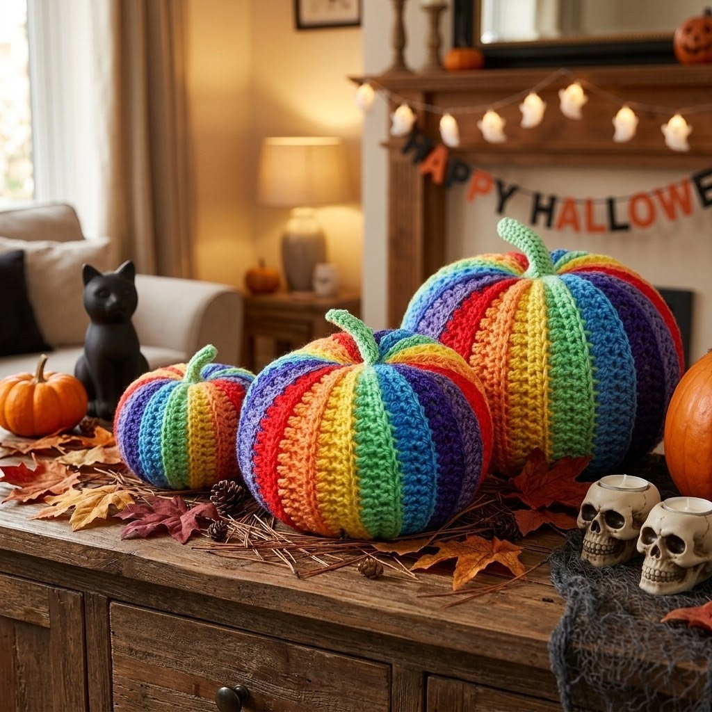 Three hand-crocheted rainbow-striped pumpkins displayed on a rustic wooden table in a cosy, warmly lit Halloween-themed living room setting.