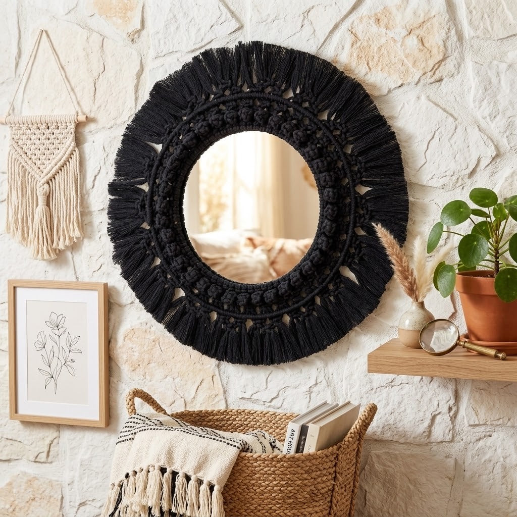 A round black macrame-framed wall mirror hangs on a textured light stone wall, styled in a boho room setting with a woven basket, books, a potted plant, and a small wooden shelf.