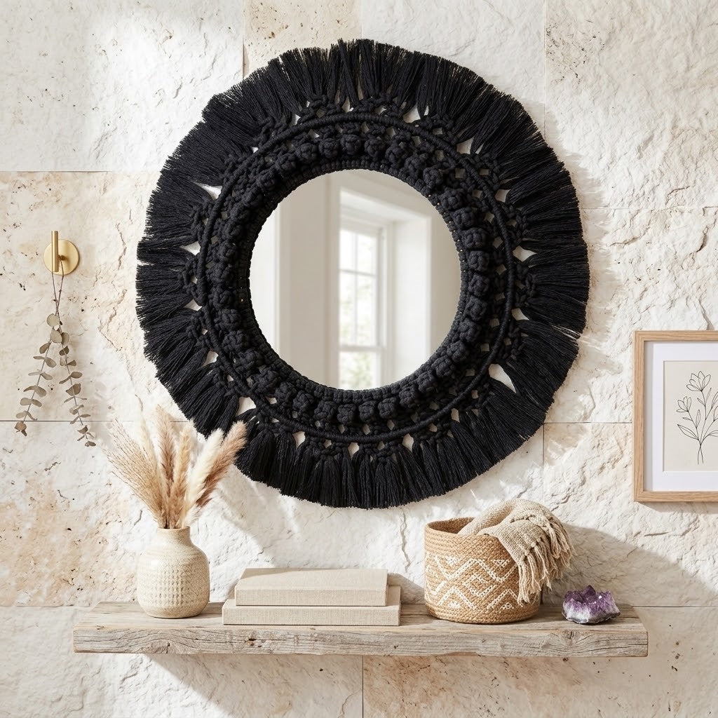 A round black macrame wall mirror with a thick, textured fringe border, hanging on a textured beige stone wall above a rustic wooden shelf styled with books, a vase of pampas grass, and woven decor.