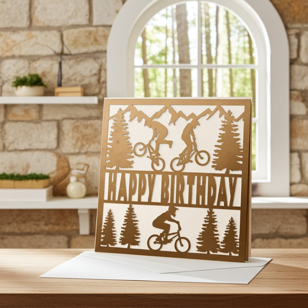 A 3D pop-up birthday card with mountain biker silhouettes and the words 'HAPPY BIRTHDAY' stands on a wooden table in front of an envelope. The card features a warm brown wood-grain design set against a white background, with a blurred stone wall and arched window in the background.