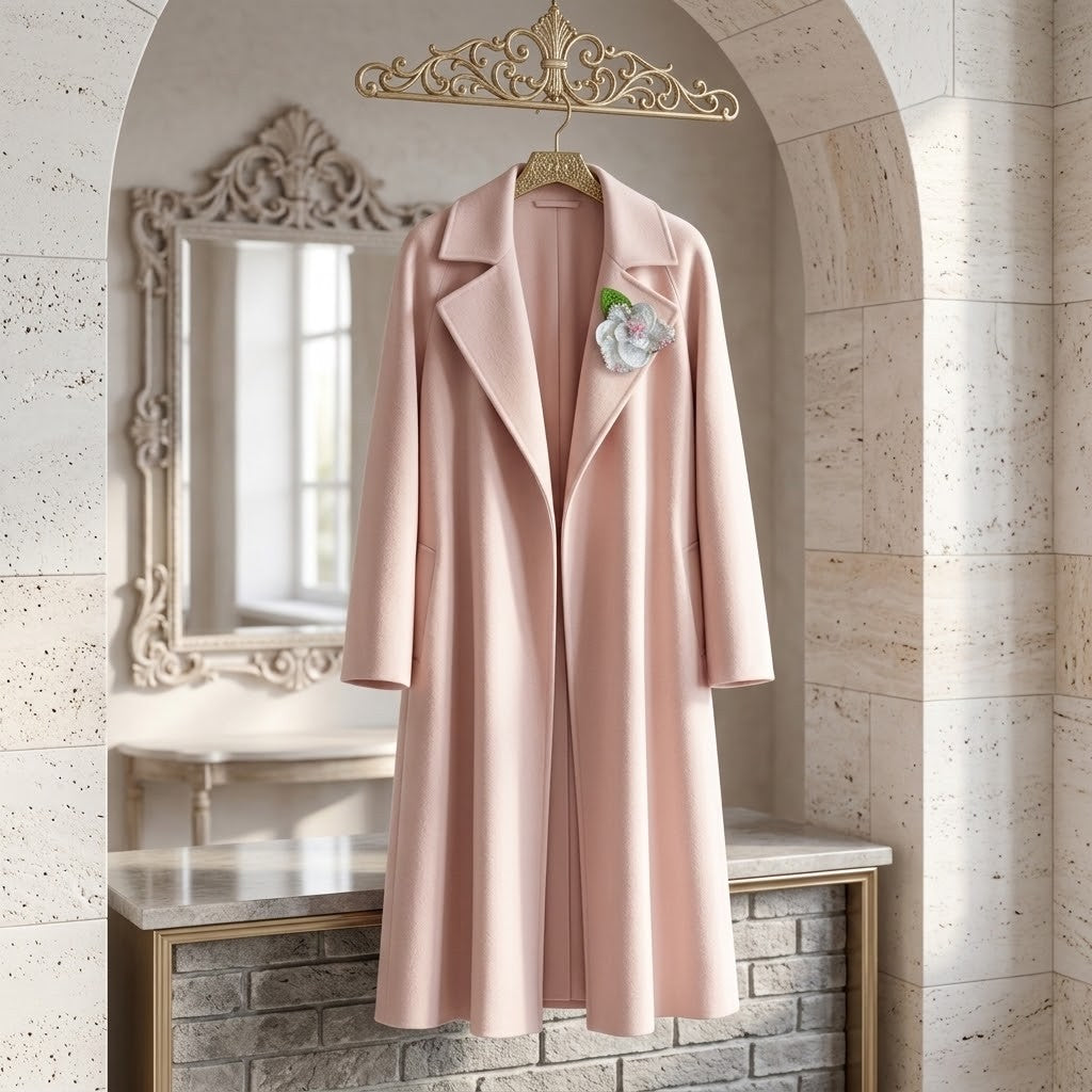 A long light pink coat with handmade brooch hangs on a decorative gold hanger in an ornate interior setting with a stone archway, mirror, and stone wall.