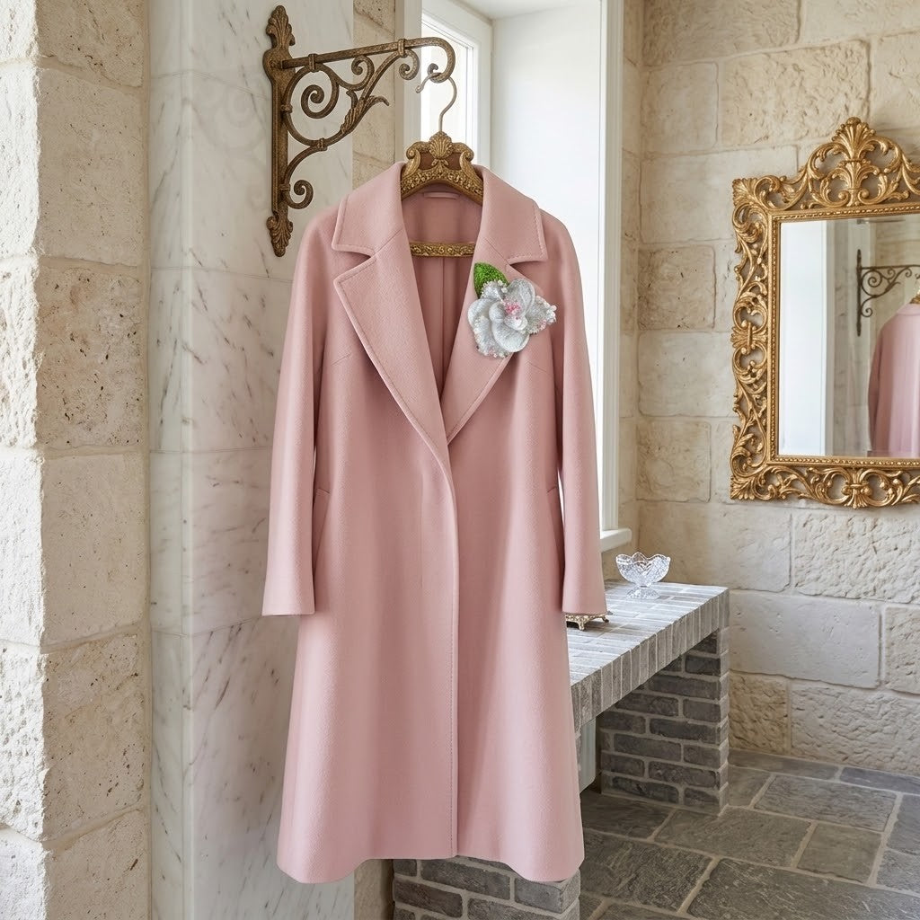 A light pink wool-blend coat with notched lapels hangs on a decorative hanger in a stone interior. A white and pink flower brooch is pinned to the left chest area.