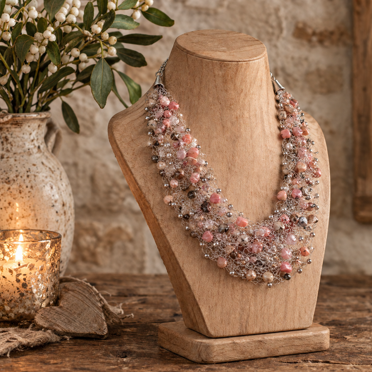 A multi-strand statement necklace with pink, silver, and clear beads displayed on a wooden jewellery bust. The bust is set on a rustic wooden table next to a lit candle and a vase of white flowers against a stone wall background.