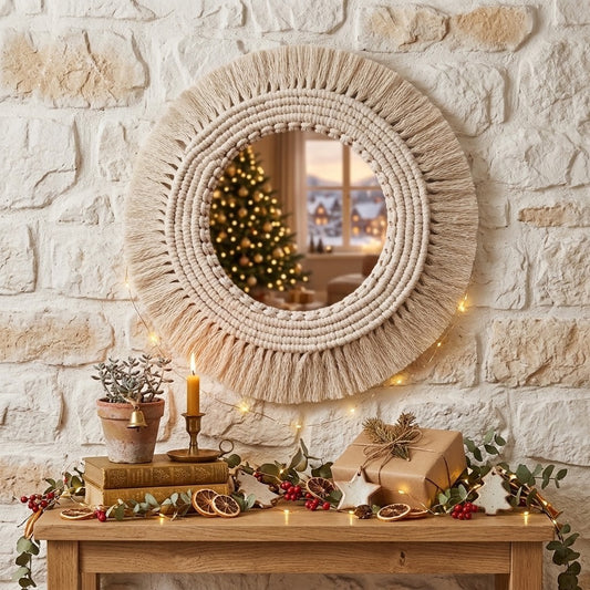 Round macrame wall mirror with a frayed rope border, hanging on a light stone wall above a wooden table decorated for Christmas with a wrapped gift, candle, and greenery.