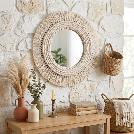 A large round macrame bohemian-style wall mirror with a thick braided rope frame and fringe, mounted on a light stone wall above a wooden console table styled with vases, books, and dried grass.